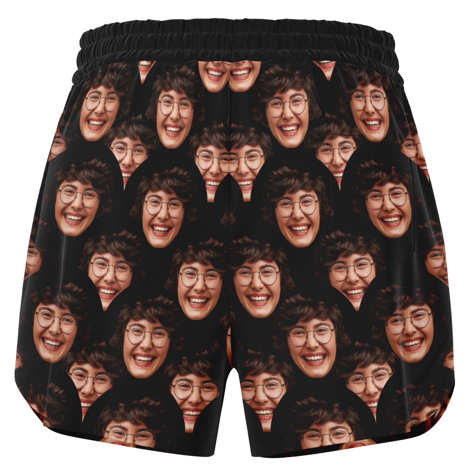 Back view of Custom Face Shorts with elastic waistband, featuring custom all-over face print design on black background
