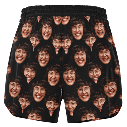 Back view of Custom Face Shorts with elastic waistband, featuring custom all-over face print design on black background