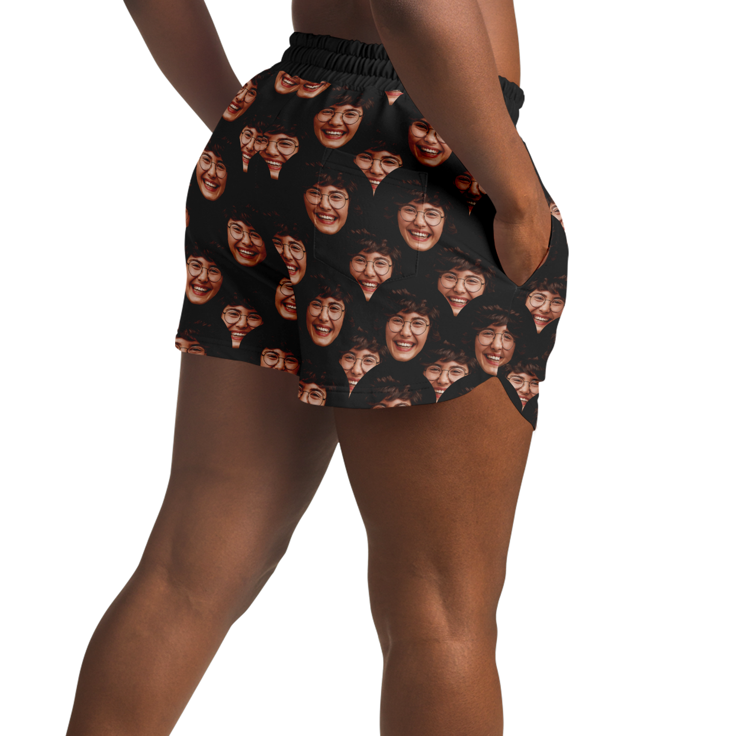 Angled back-side view of Custom Face Shorts on woman with custom face print