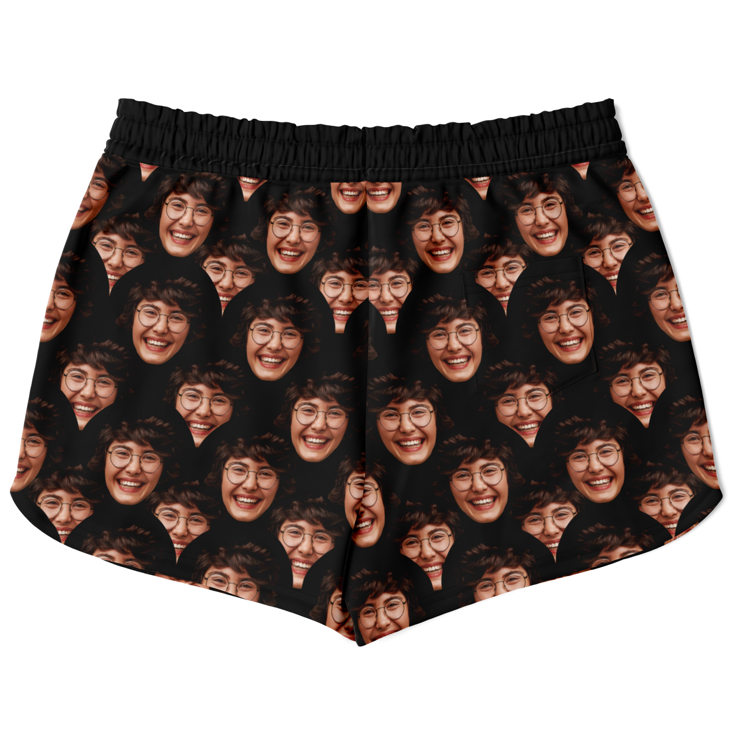 Flatlay back view of Custom Face Shorts with repeating custom face design