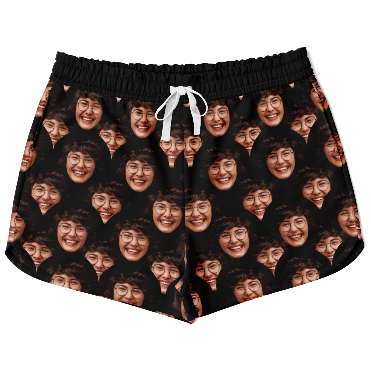 Flatlay front view of Custom Face Shorts featuring all-over personalized face print on black fabric