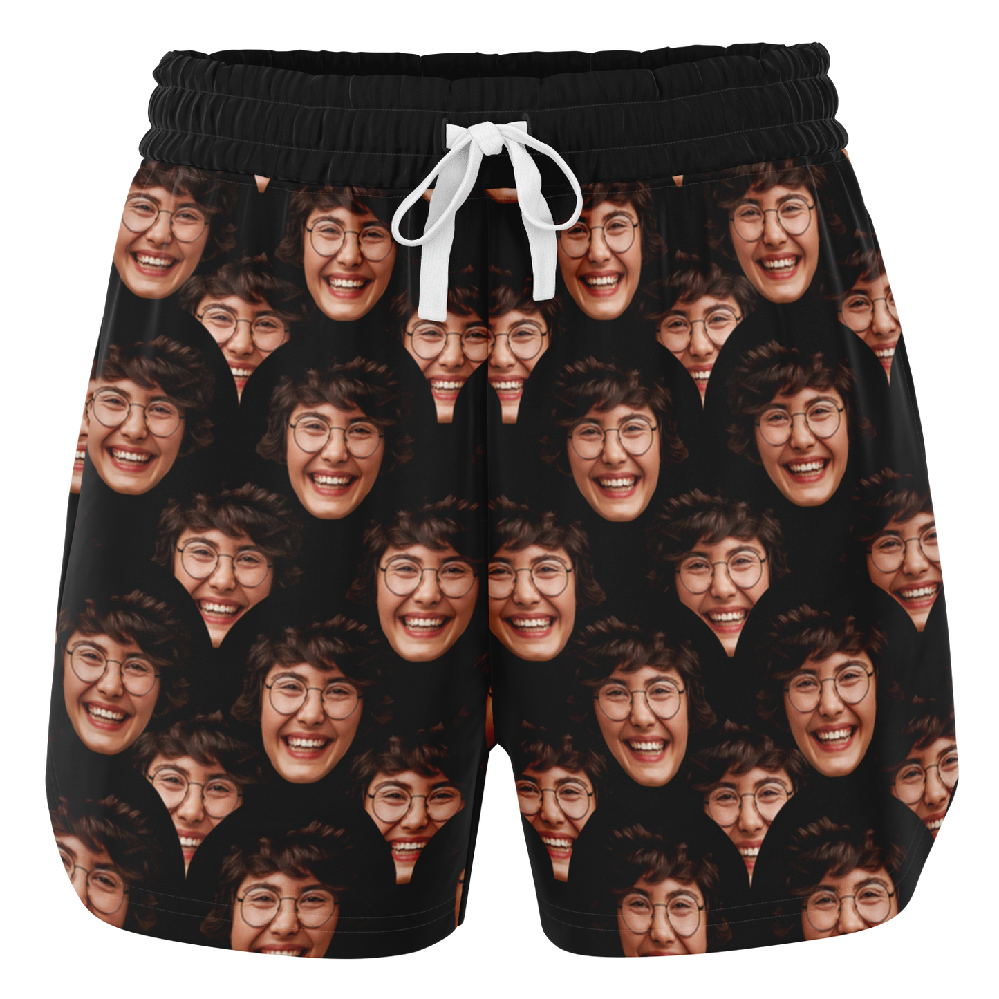 Front view of Custom Face Shorts with drawstring waistband, featuring custom all-over print design on black background