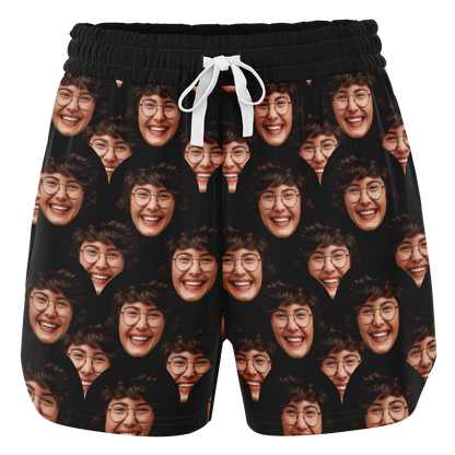 Front view of Custom Face Shorts with drawstring waistband, featuring custom all-over print design on black background
