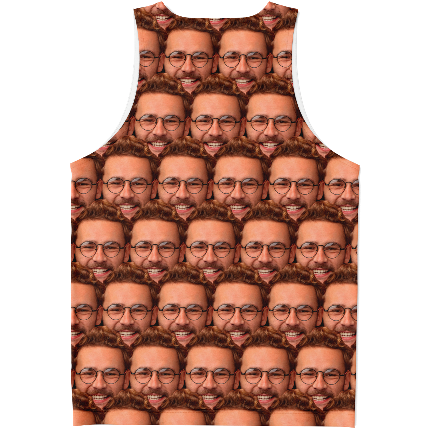 Custom tank top with customer-uploaded face collage, back flat lay view