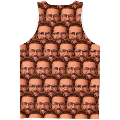 Custom tank top with customer-uploaded face collage, back flat lay view