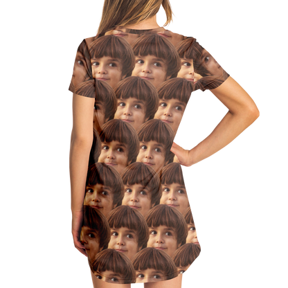 Back side view of woman with hand on hip wearing Custom Face Print T-Shirt Dress