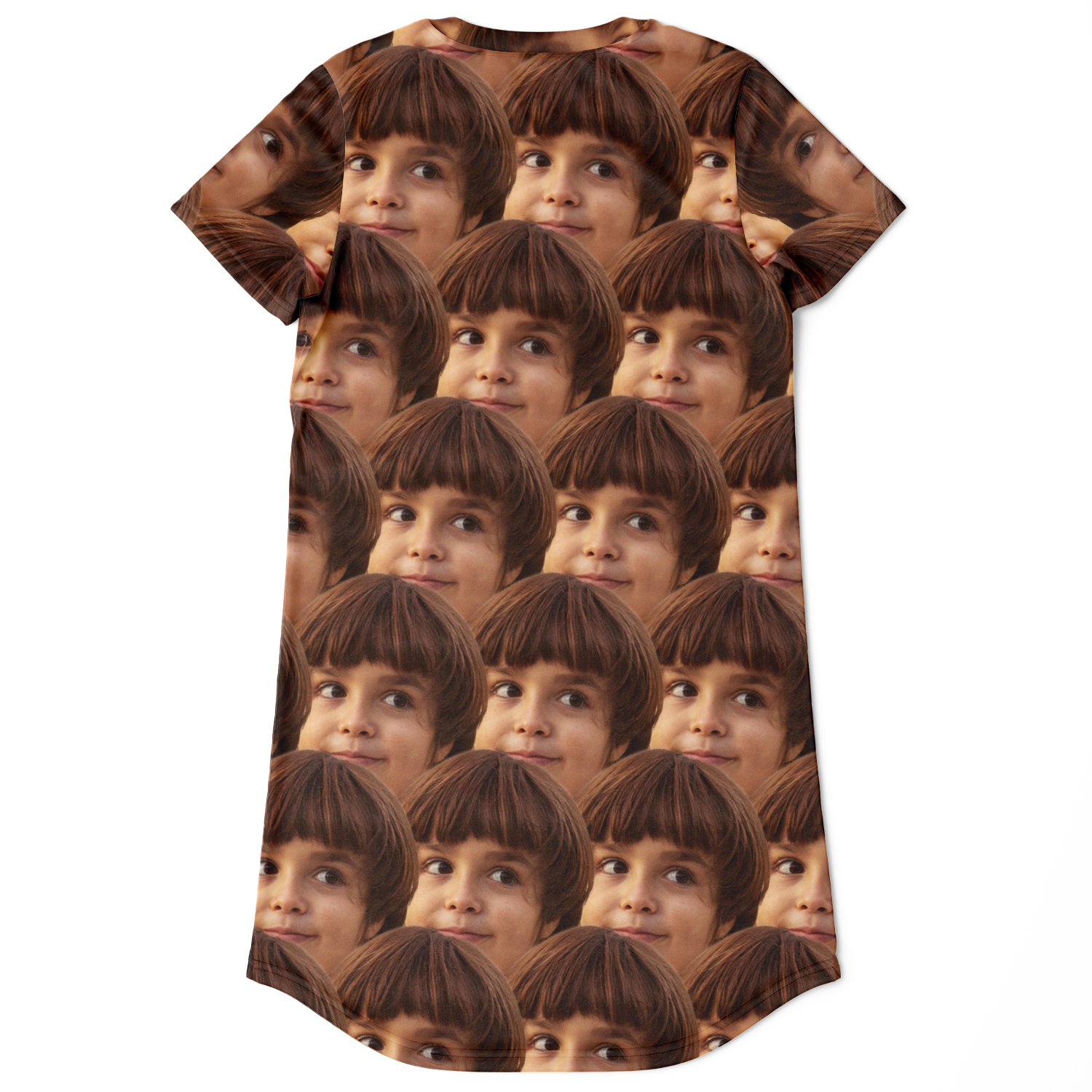 Flatlay back view of Custom Face Print T-Shirt Dress with full all-over face design
