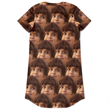 Flatlay back view of Custom Face Print T-Shirt Dress with full all-over face design