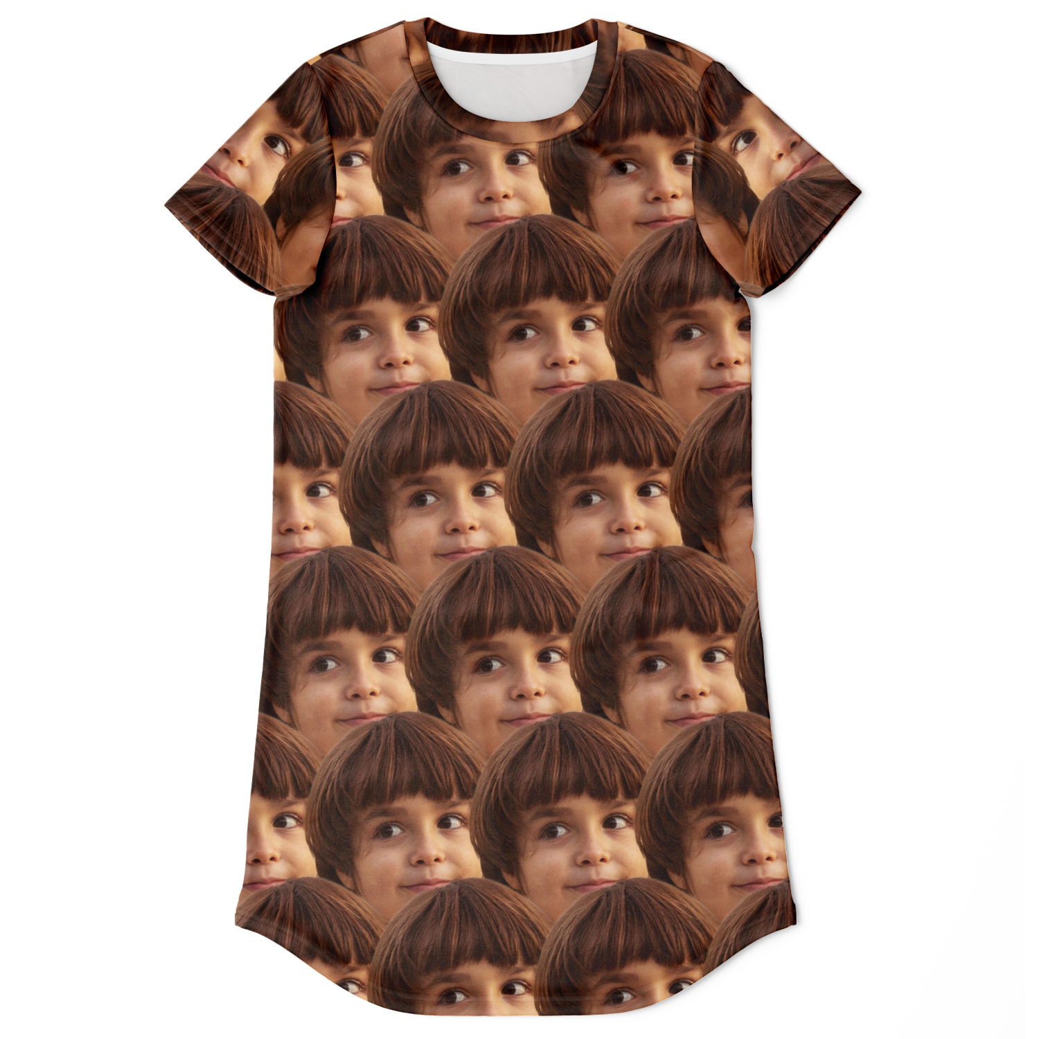 Flatlay front view of Custom Face Print T-Shirt Dress with repeated custom face pattern