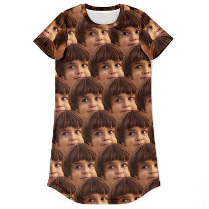 Flatlay front view of Custom Face Print T-Shirt Dress with repeated custom face pattern
