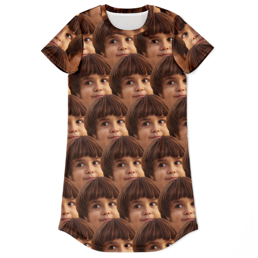 Flatlay front view of Custom Face Print T-Shirt Dress with repeated custom face pattern