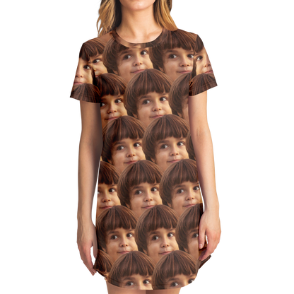 Side view of woman wearing Custom Face Print T-Shirt Dress with repeating face design
