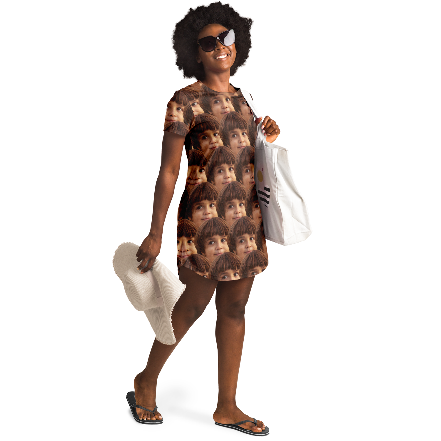  Woman wearing Custom Face Print T-Shirt Dress, front-facing with printed face design