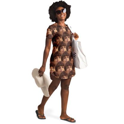  Woman wearing Custom Face Print T-Shirt Dress, front-facing with printed face design