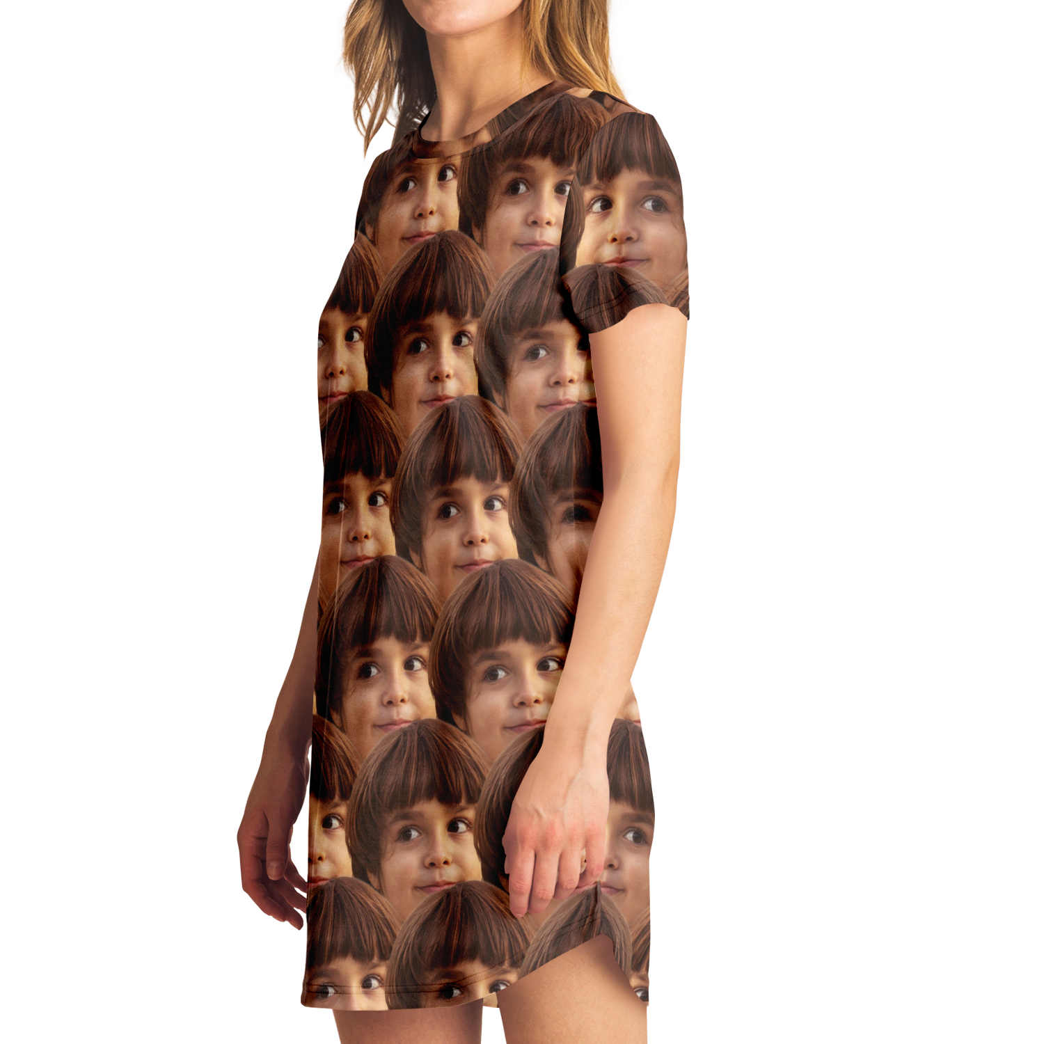 Angled profile view of Custom Face Print T-Shirt Dress showing photo wrap on side
