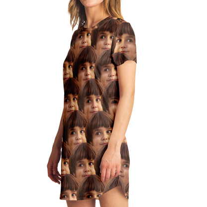 Angled profile view of Custom Face Print T-Shirt Dress showing photo wrap on side