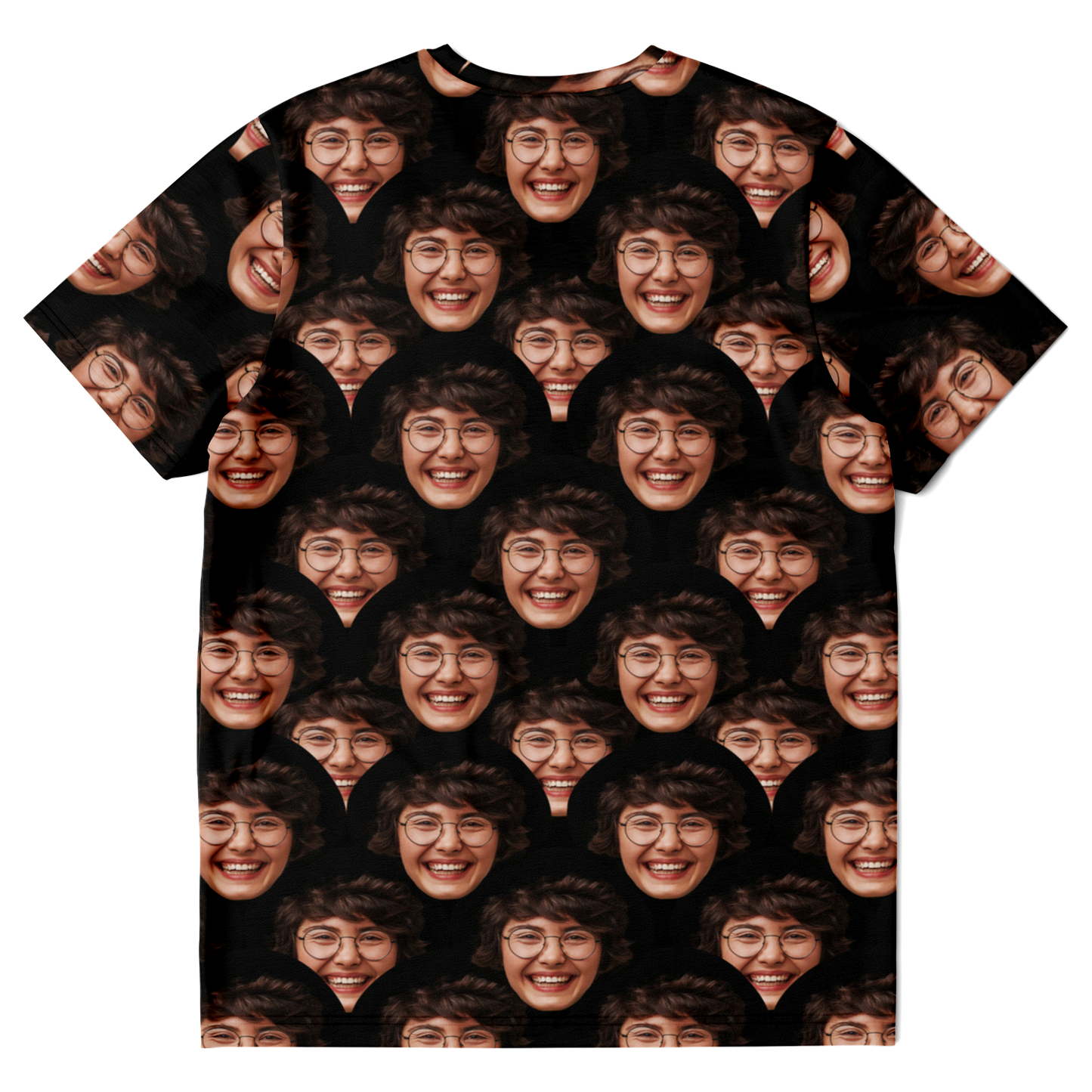 Flatlay back view of Custom Face T-Shirt with all-over face design