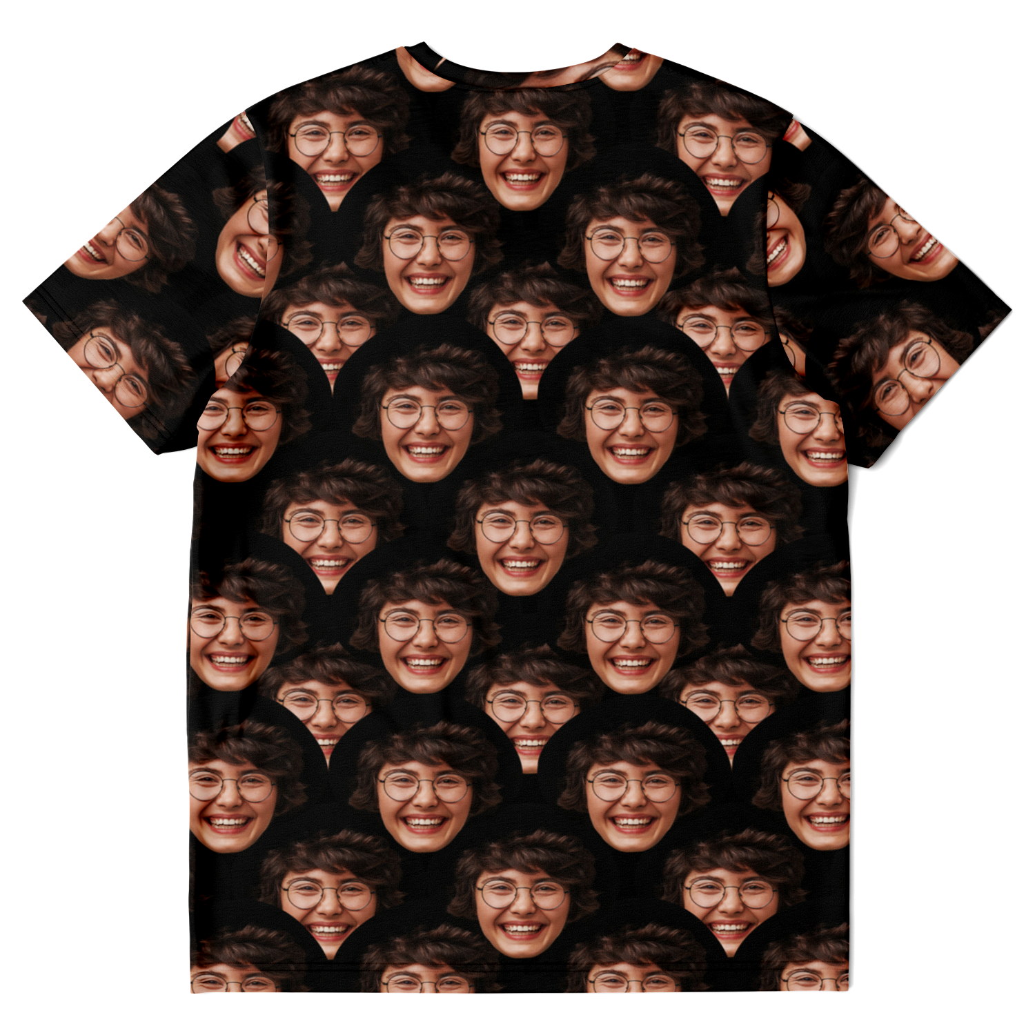 Flatlay back view of Custom Face T-Shirt with all-over face design