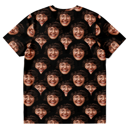Flatlay back view of Custom Face T-Shirt with all-over face design