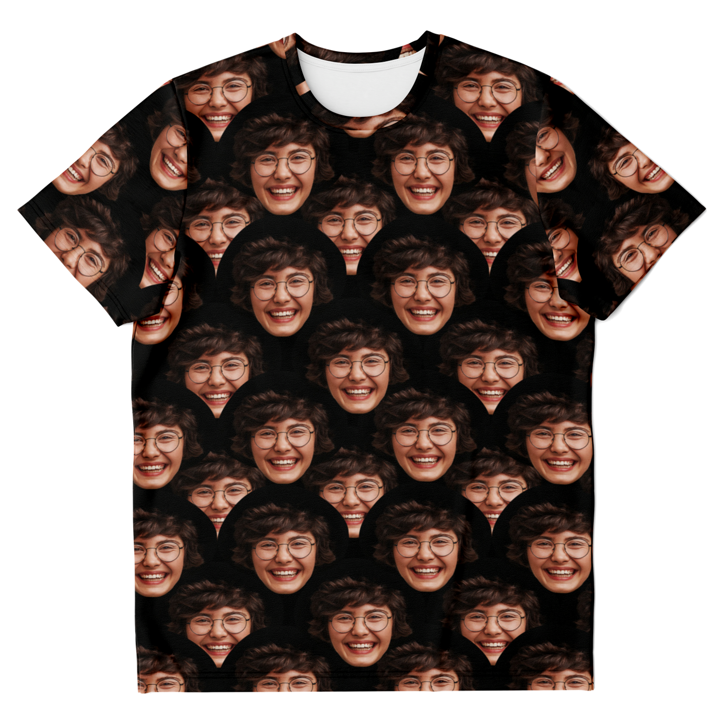  Flatlay front view of Custom Face T-Shirt featuring repeating face pattern for personalization