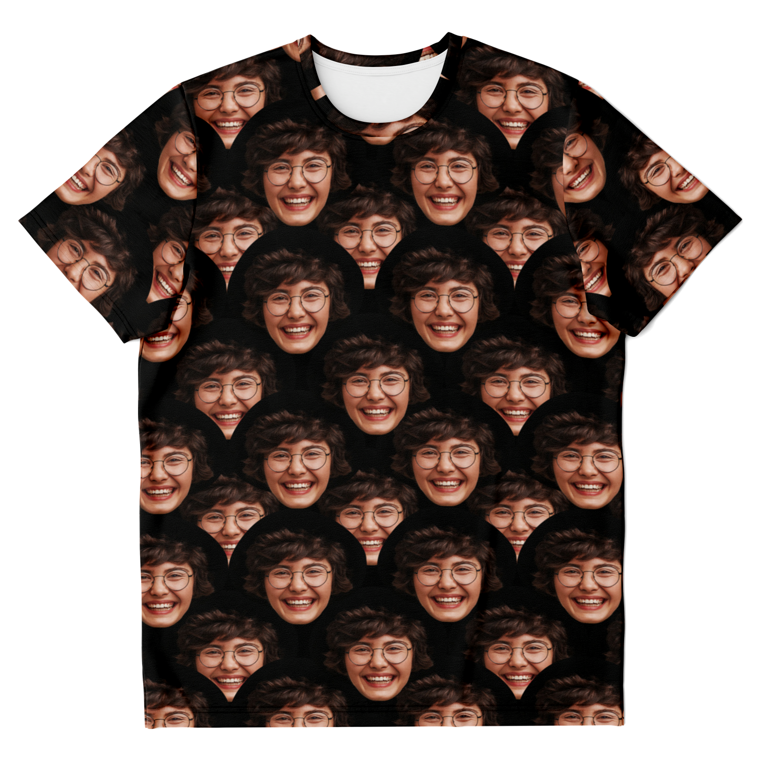  Flatlay front view of Custom Face T-Shirt featuring repeating face pattern for personalization