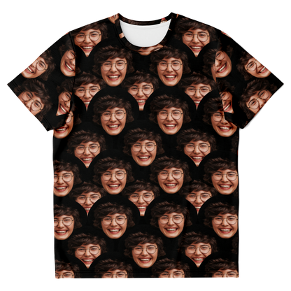  Flatlay front view of Custom Face T-Shirt featuring repeating face pattern for personalization
