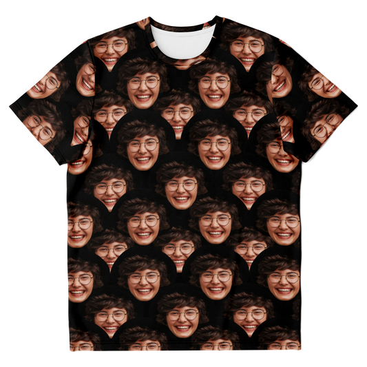  Flatlay front view of Custom Face T-Shirt featuring repeating face pattern for personalization