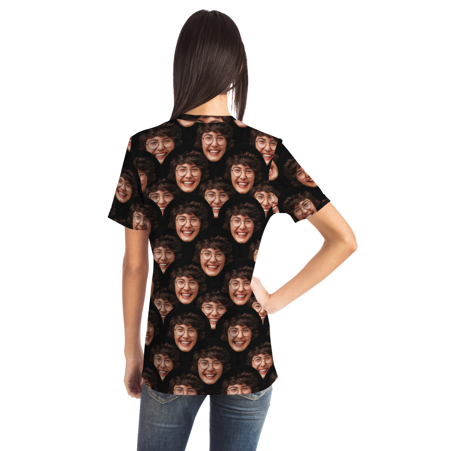 Back view of Custom Face T-Shirt worn  Back view of Custom Face T-Shirt worn by female model with custom face design