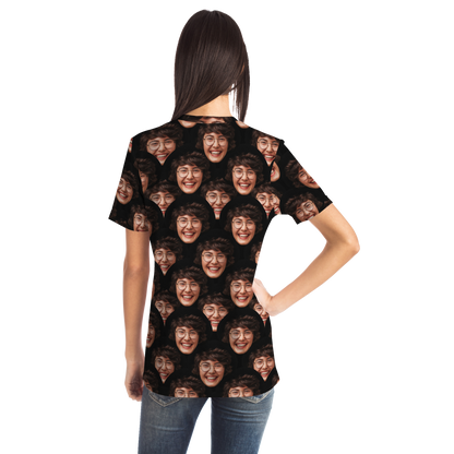 Back view of Custom Face T-Shirt worn  Back view of Custom Face T-Shirt worn by female model with custom face design