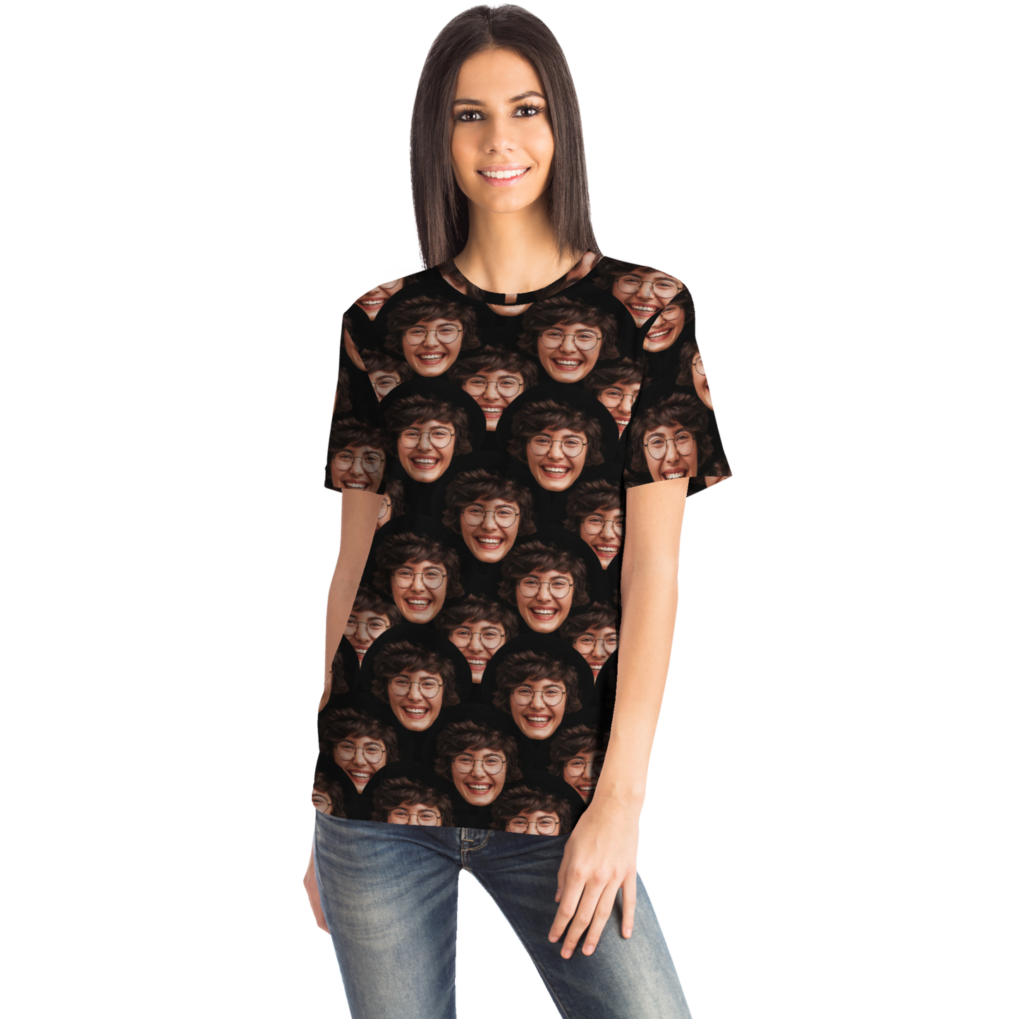 Female model front-facing in Custom Face T-Shirt showcasing personalized face print