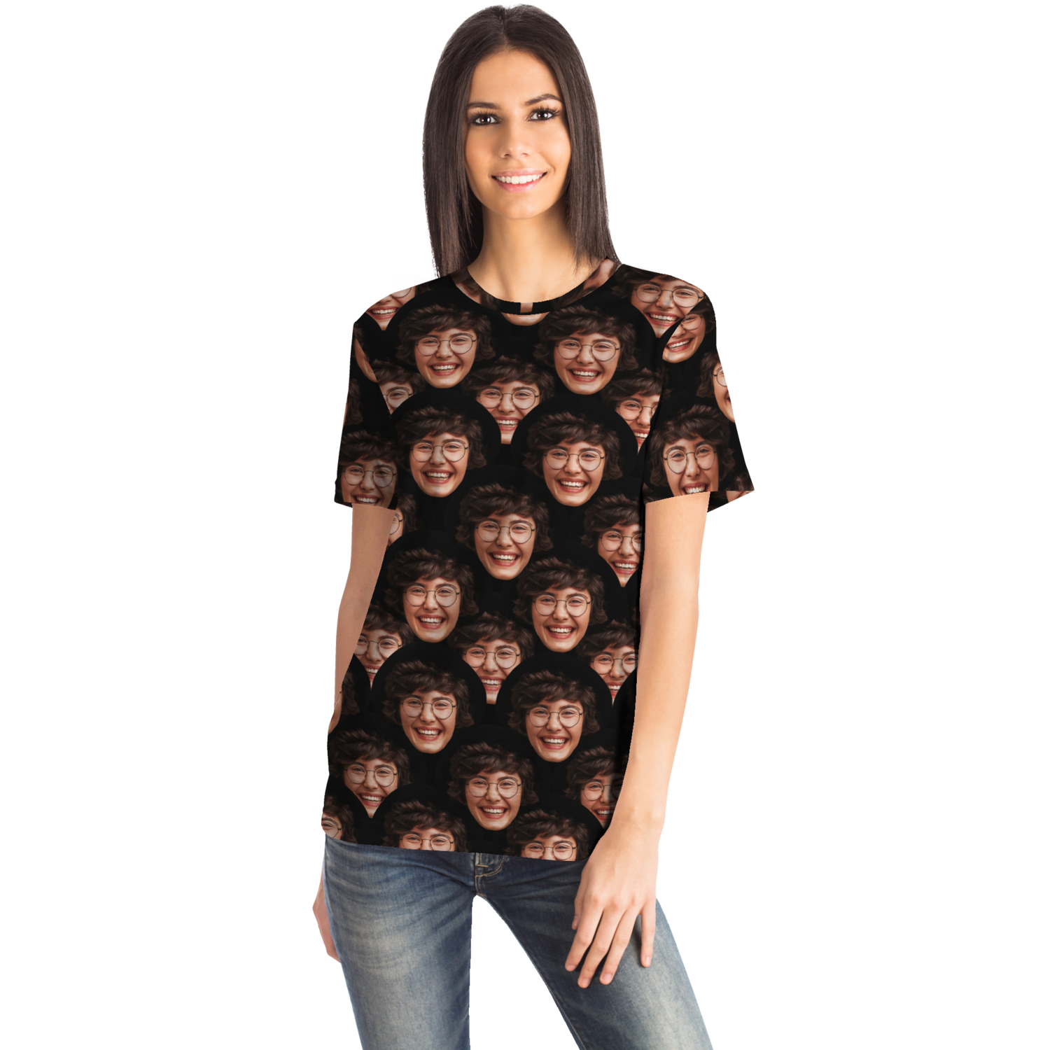 Female model front-facing in Custom Face T-Shirt showcasing personalized face print