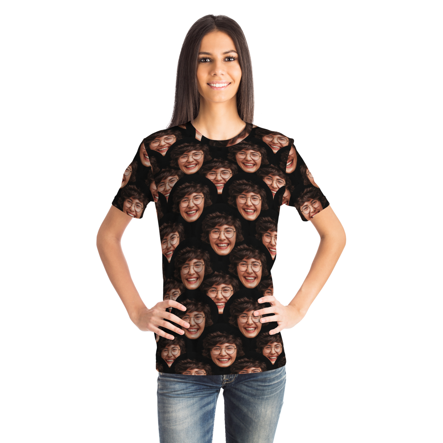 Front pose of female model wearing Custom Face T-Shirt with a bold expression print