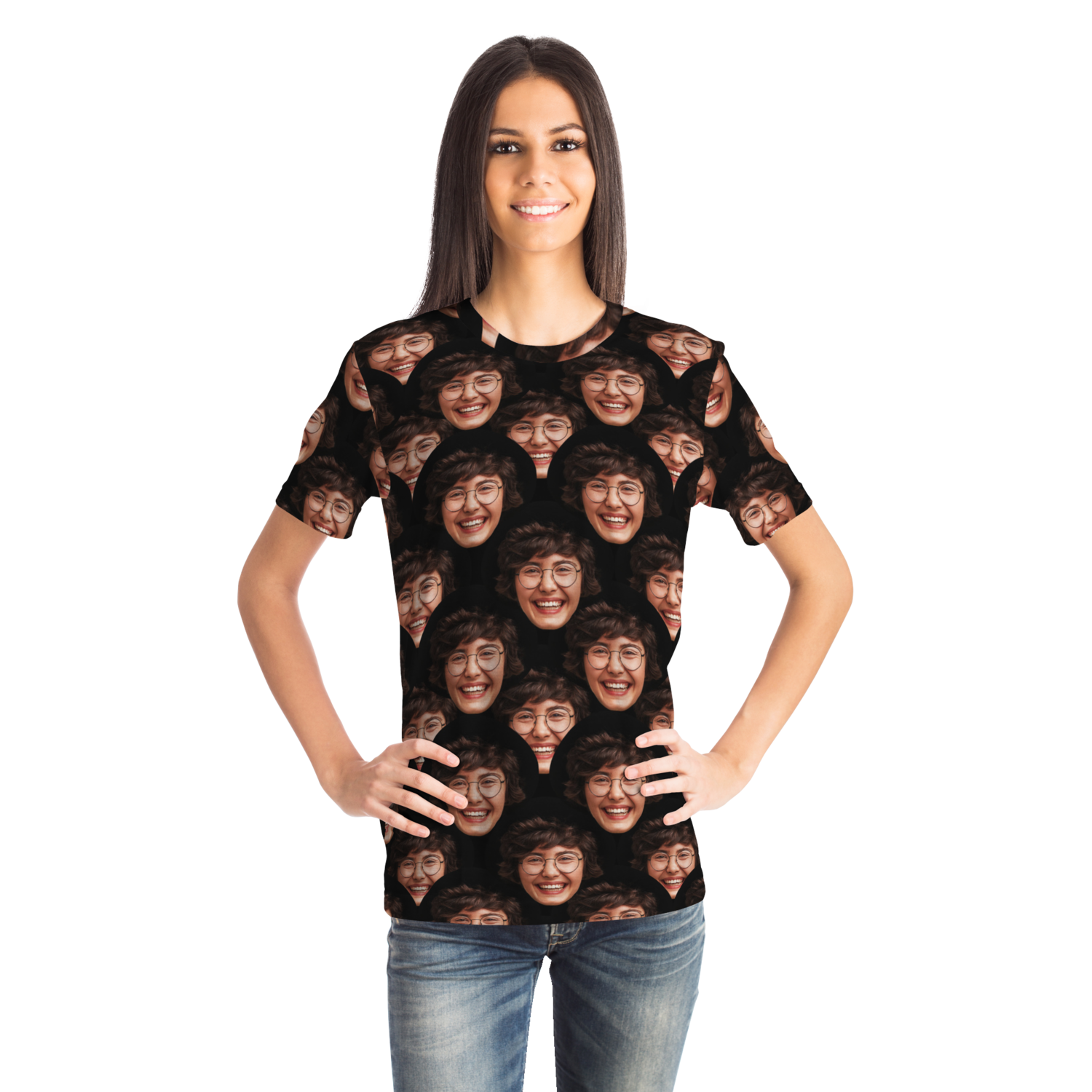 Front pose of female model wearing Custom Face T-Shirt with a bold expression print