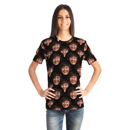 Front pose of female model wearing Custom Face T-Shirt with a bold expression print