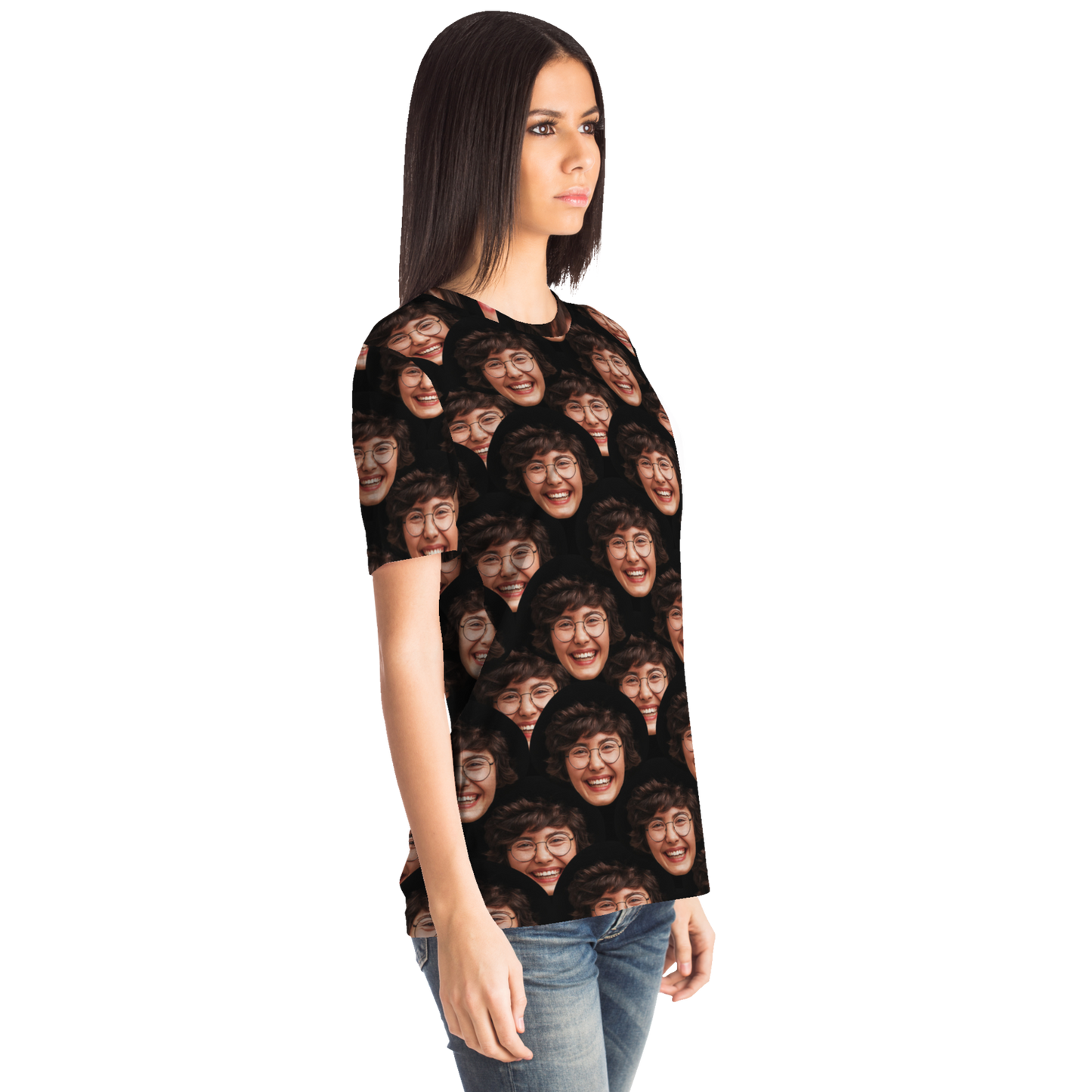 Left side profile of female model in Custom Face T-Shirt with full-face print