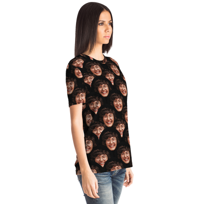 Left side profile of female model in Custom Face T-Shirt with full-face print