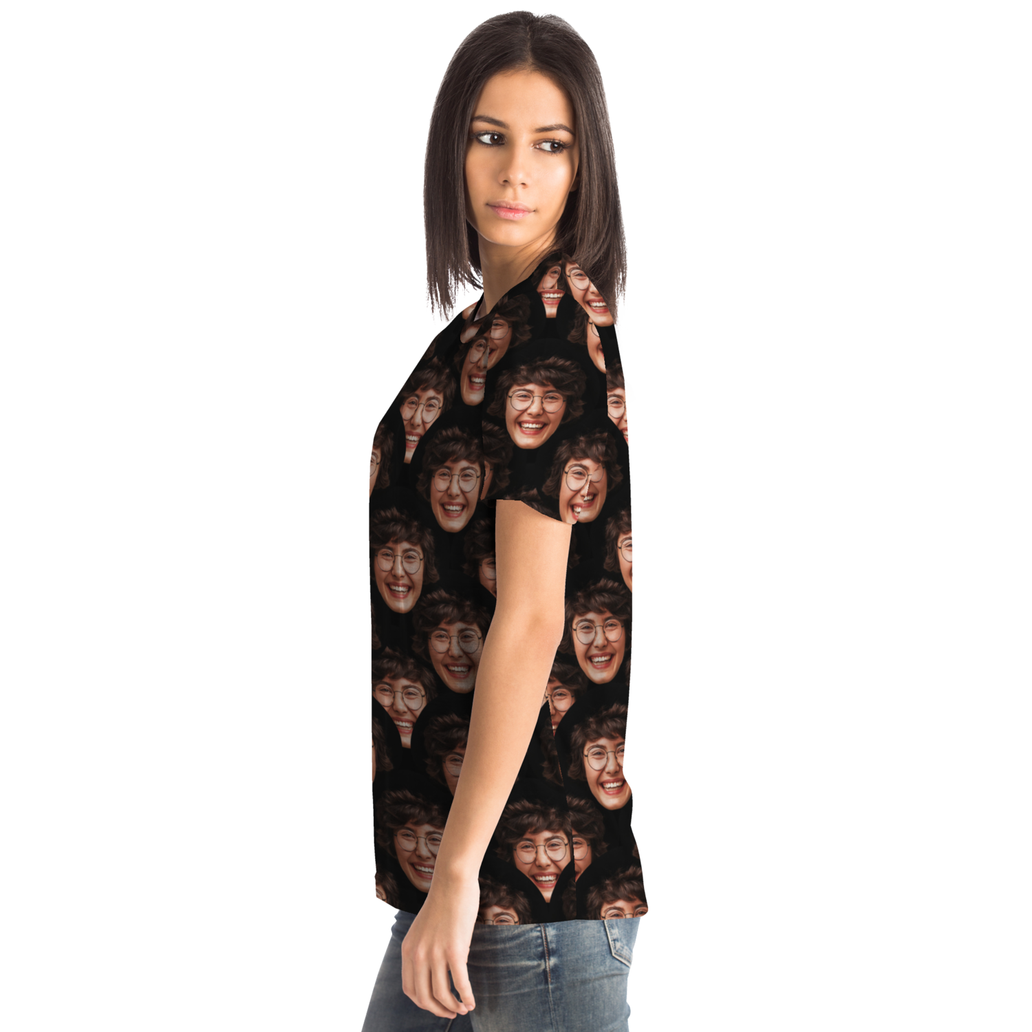  Right-side view of Custom Face T-Shirt worn by female model with unique face pattern