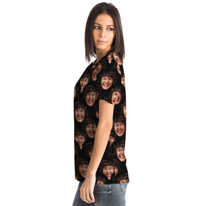  Right-side view of Custom Face T-Shirt worn by female model with unique face pattern