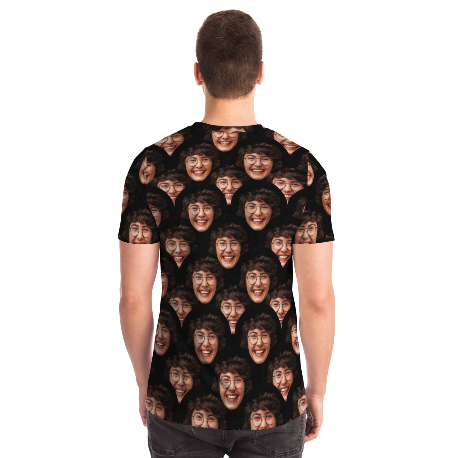  Back view of male model showcasing custom face print design on T-Shirt