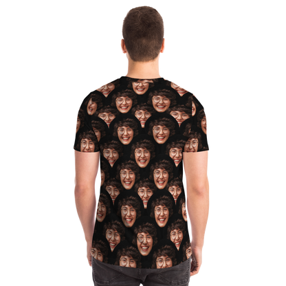  Back view of male model showcasing custom face print design on T-Shirt