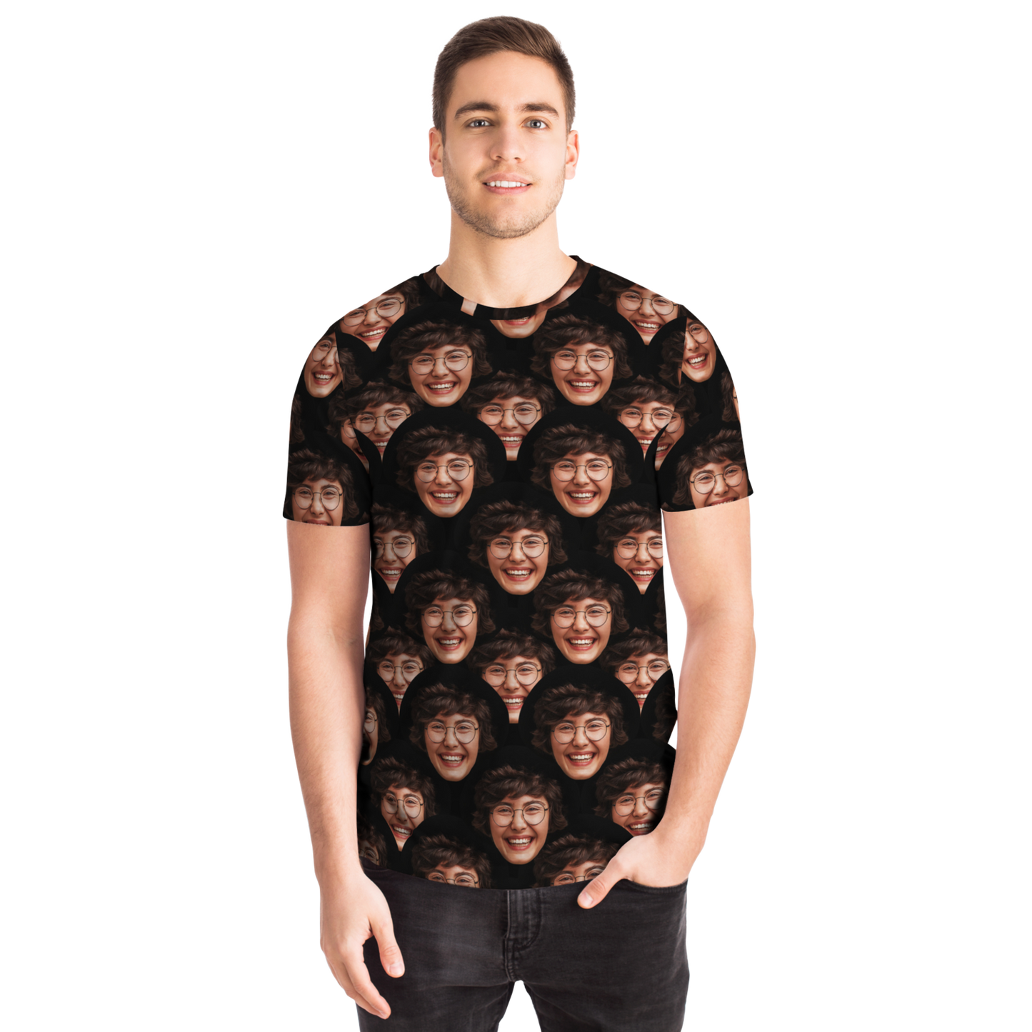  Male model front-facing wearing Custom Face T-Shirt with fun and bold graphic print
