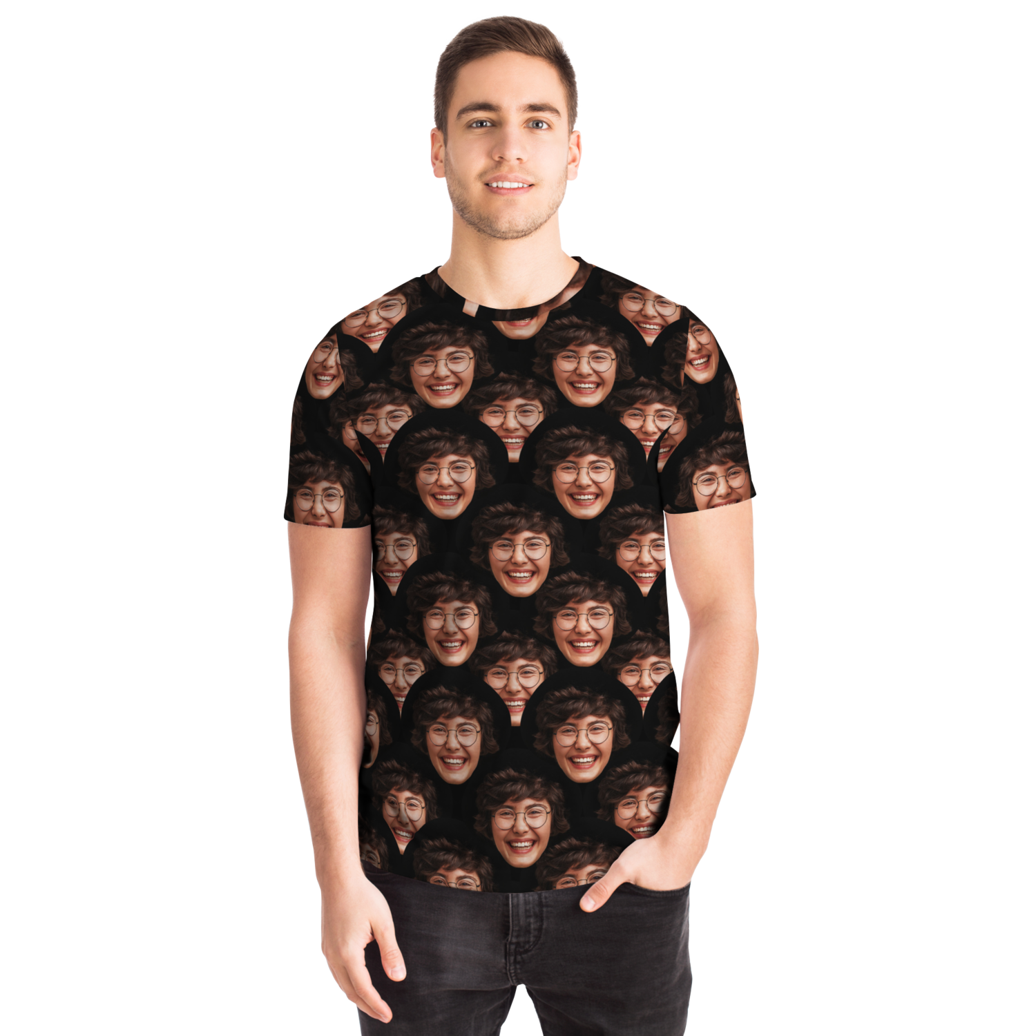  Male model front-facing wearing Custom Face T-Shirt with fun and bold graphic print