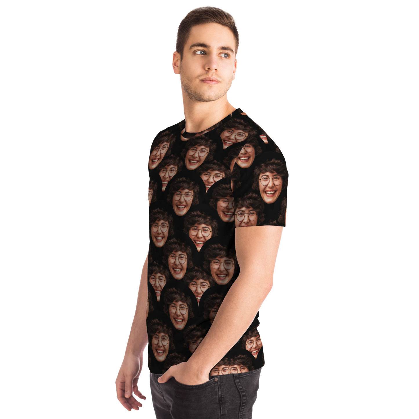  Left side angle of male model in Custom Face T-Shirt featuring repeating face graphics