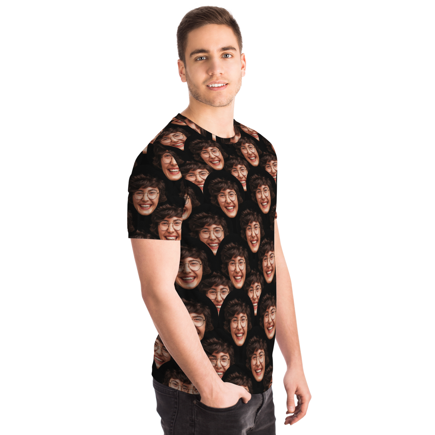 Right-side profile of male model wearing Custom Face T-Shirt with custom photo print