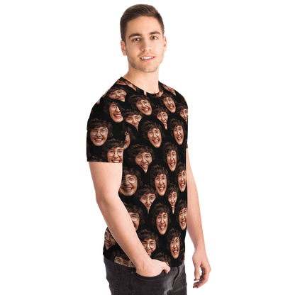 Right-side profile of male model wearing Custom Face T-Shirt with custom photo print