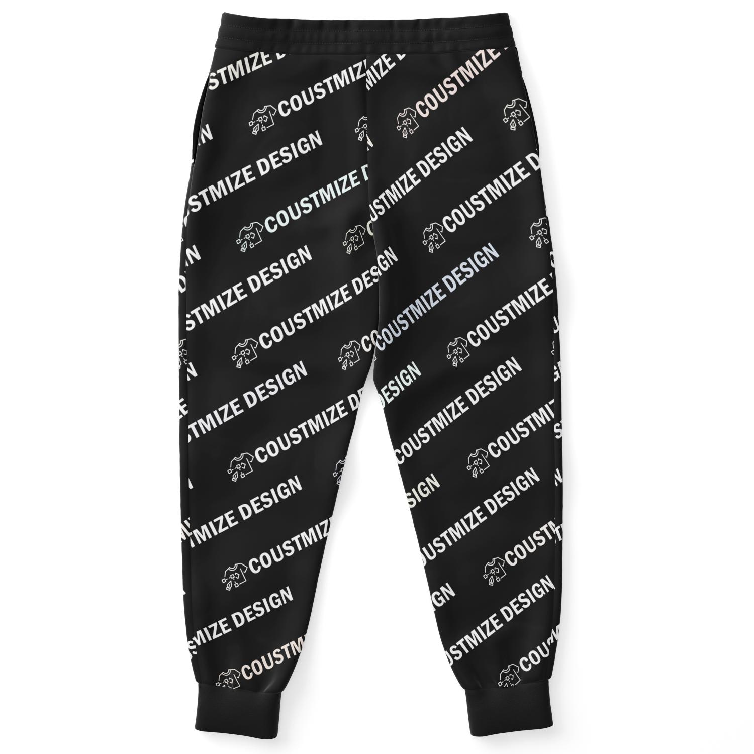 Custom joggers with repeating design placeholder text, back flat lay vie