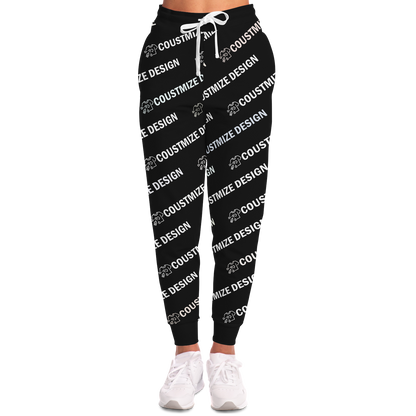  Woman wearing black customizable jogger pants with repeating text print, front view