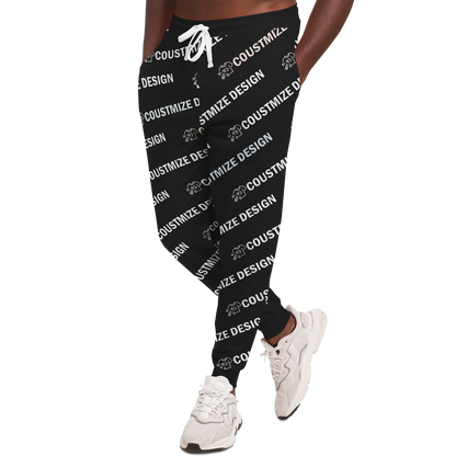 Angled view of man wearing custom joggers with repeating text for design placement