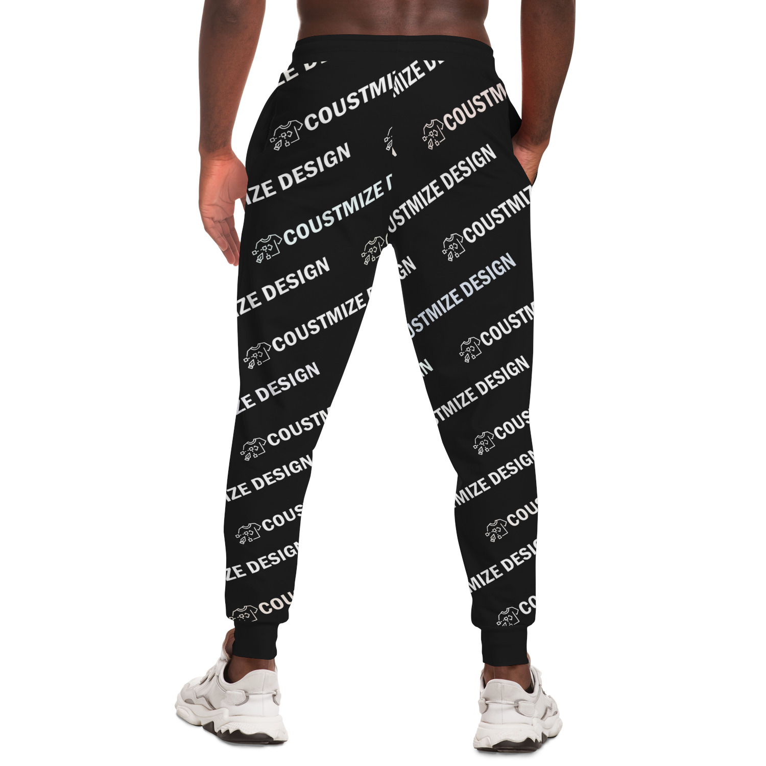 Side view of man modeling customizable joggers with placeholder print