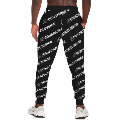 Side view of man modeling customizable joggers with placeholder print